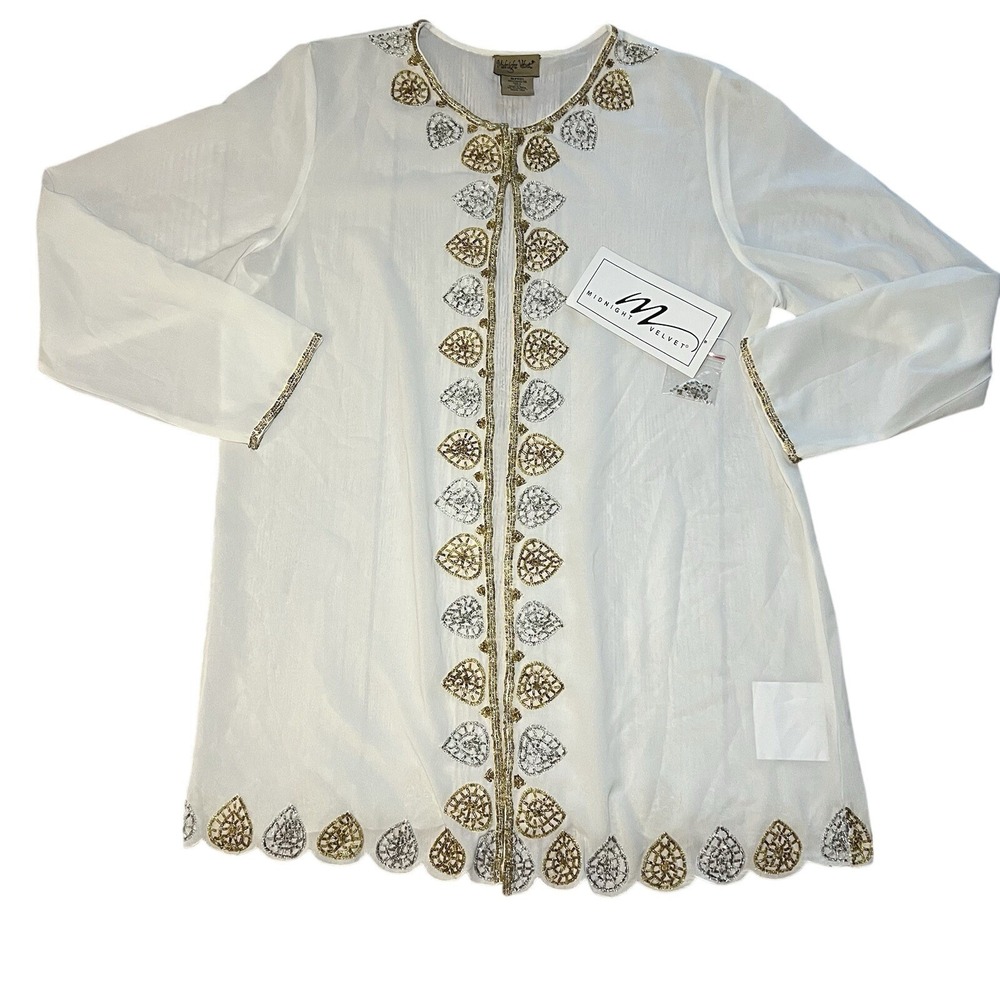 NEW Midnight Velvet White Gold Silver Embellished Tunic Top Kurta Womens L boho